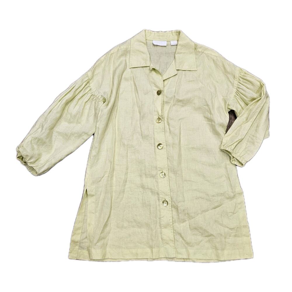 Debra DeRoo Linen Tunic Top Womens M Lime Green Balloon Sleeve Lagenlook Boho